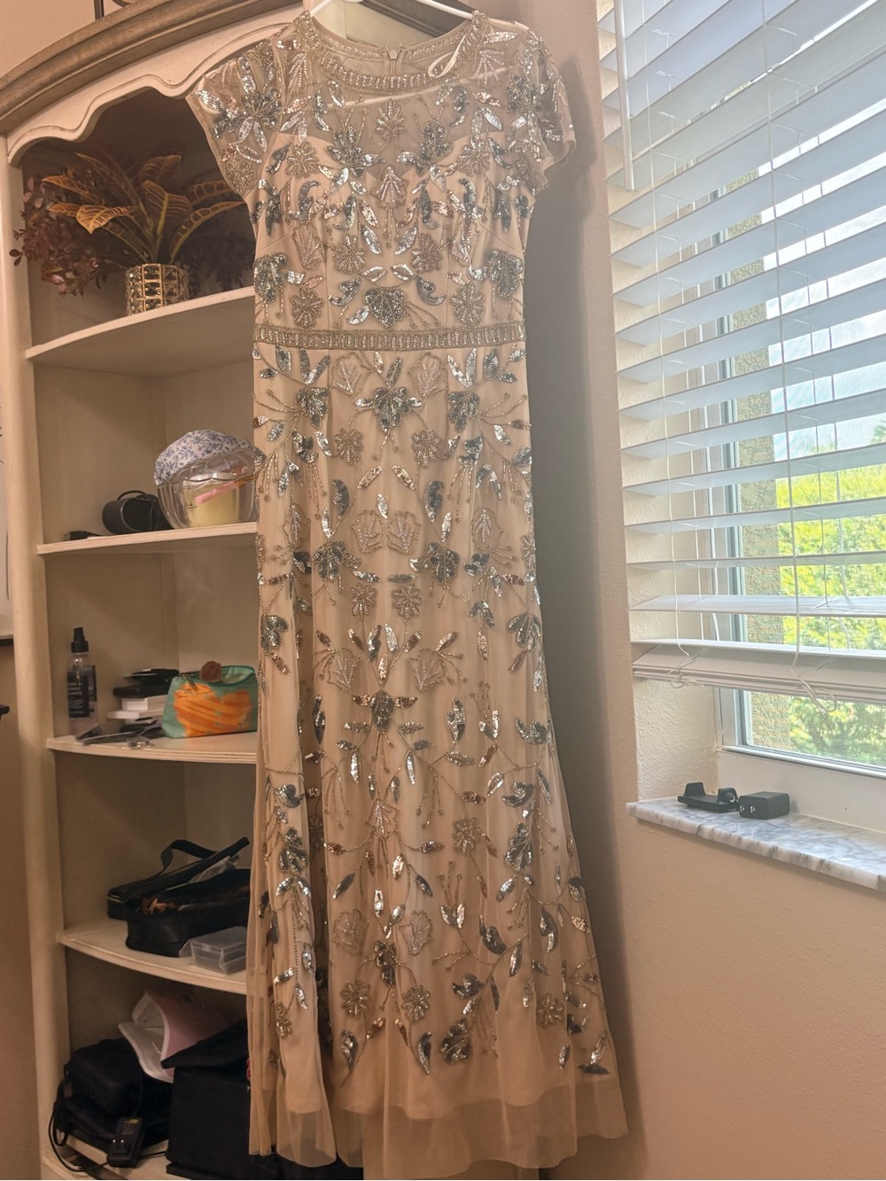 Adrianna Papell Champagne Beaded Embellished Maxi Dress